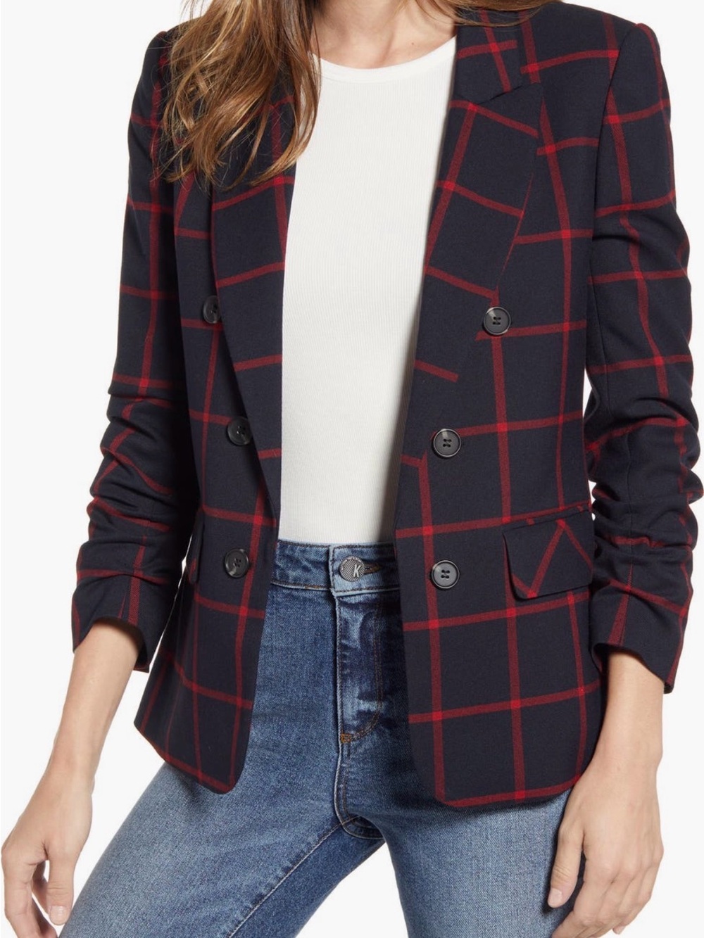 1. State Navy Ruched Sleeve Blazer with Red Windowpane Plaid